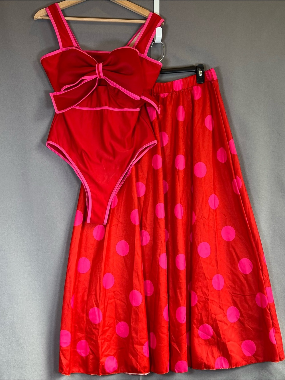 Red & Hot Pink PolkaDot Skirt w/Matching Bow Swimsuit Outfit szXL Beach Resort